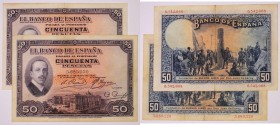 BILLETES
BANCO DE ESPAÑA
50 Pesetas. 17 mayo 1927. Sin serie. Lote de 2 billetes. Ambos sellos en seco en la parte superior izquierda del Gobierno P...