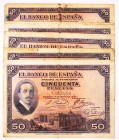 BILLETES
BANCO DE ESPAÑA
50 Pesetas. 17 mayo 1927. Sin serie. Lote de 8 billetes. Todos mantienen sello en seco (algunos difusos) del Gobierno Provi...