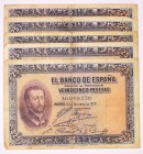 BILLETES
BANCO DE ESPAÑA
25 Pesetas. 12 octubre 1926. Serie A. Lote de 5 billetes. Todos con sello en seco del Gobierno Provisional de la República,...