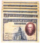 BILLETES
BANCO DE ESPAÑA
25 Pesetas. 15 agosto 1928. Sin serie. Lote de 11 billetes. ED.328. Imprescindible examinar. BC a BC-