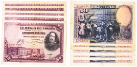 BILLETES
BANCO DE ESPAÑA
50 Pesetas. 15 agosto 1928. Sin serie. Lote de 6 billetes. ED.329. MBC