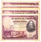 BILLETES
BANCO DE ESPAÑA
50 Pesetas. 15 agosto 1928. Serie A. Lote de 13 billetes. ED.329a. Imprescindible examinar. BC a BC-