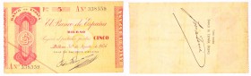 BILLETES
GUERRA CIVIL-ZONA REPUBLICANA, BANCO DE ESPAÑA
Banco España Bilbao. 5 Pesetas. 30 agosto 1936. Serie A. Antefirma Banco de Vizcaya. ED.368a...