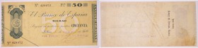 BILLETES
GUERRA CIVIL-ZONA REPUBLICANA, BANCO DE ESPAÑA
Banco España Bilbao. 50 Pesetas. 1936. Sin serie. Fecha estampillada. Antefirma Banco de Bil...