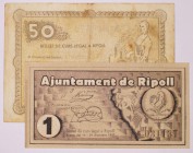BILLETES
BILLETES LOCALES
Ripoll, Ay. 1937. 50 Céntimos y 1 Peseta. EBC a MBC