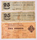 BILLETES
BILLETES LOCALES
Vilafranca del Penedés, C.M. 1 abril 1937. 25 Céntimos (2) y 1 Peseta. BC+ a BC-