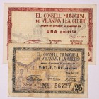 BILLETES
BILLETES LOCALES
Vilanova I la Geltrú, C.M. Mayo 1937. 25 Céntimos y 1 Peseta. Sello en seco. MBC+ a MBC-
