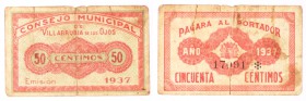 BILLETES
BILLETES LOCALES
Villarrubia de los ojos, C.M. 1937. 50 Céntimos. Algo sucio. Raro. BC-