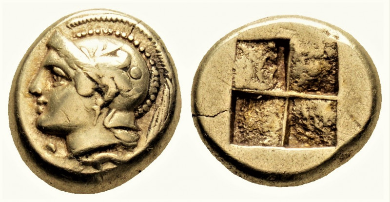 Greek
IONIA, Phokaia. (Circa 478-387 BC)
EL Hekte (10.9mm 2.53g)
Helmeted head o...