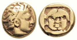 Greek 
LESBOS. Mytilene. (Circa 454-428/7 BC).
EL Hekte (10.7mm, 2.48g)
Head of Aktaeon right, wearing horn of stag / Facing gorgoneion within incuse ...