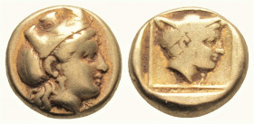 Greek
LESBOS, Mytilene. (Circa 412-378 BC).
EL Hekte. (10,5 mm, 2.50 g)
Head of Kybele right, wearing turreted crown and single-pendant earring. / Hea...