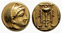 Greek
LESBOS, Mytilene. (Circa 377-326 BC)
EL hekte (10.9mm, 2.53g)
Veiled head of Demeter right, wearing wreath of grain ears / Garlanded and fillete...