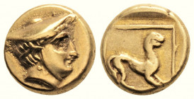Greek
LESBOS, Mytilene (Circa 377-326 BC). 
EL Hekte (10.9mm, 2.54g)
Head of Hermes to right, wearing petasos / Panther standing to right in linear sq...