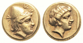 Greek
LESBOS. Mytilene. (Circa 377-326 BC). 
EL Hekte (10.6 mm, 2.53 g). 
Head of Kabeiros to right, wearing wreathed cap; two stars flanking / Head o...
