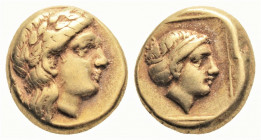 Greek
LESBOS, Mytilene. (Circa 377-326 BC).
EL Hekte (10.6mm 2.54g)
Laureate head of Apollo right; [small serpent behind neck] / Head of Artemis right...