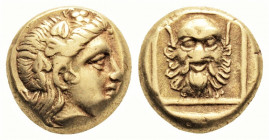 Greek
LESBOS, Mytilene. (Circa 377-326 BC).
EL Hekte (10.1mm, 2.56g)
Wreathed head of Dionysos right / Head of satyr facing, with full head of hair, w...
