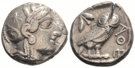 Greek
ATTICA. Athens. (Circa 449-404 BC.)
AR Tetradrachm (24.6mm 17.10g)
Head of Athena to right, wearing crested Attic helmet adorned with three oliv...