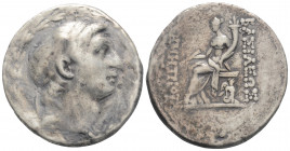 Greek
SELEUKID KINGDOM,Soloi mint, Demetrios I Soter (Circa 162-150 BC) 
AR Tetradrachm (30.5mm, 14.45g)
Diademed head right within laurel wreath / BA...