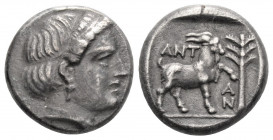 Greek
TROAS, Antandros. (Circa 420-400 BC)
AR Hemidrachm (13.3mm 2.77g)
Head of Artemis Astyrene right / ANT-AN, Goat standing right within incuse squ...