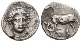 Greek
THESSALY, Larissa. (Circa 405-380 BC) 
AR Drachm (19.9mm 4.61g). 
Head of the nymph Larissa facing, slightly right / Horse standing right, grazi...