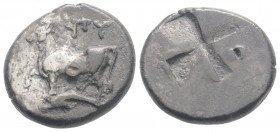 Greek
THRACE. Byzantion (Circa 357-340 BC )
AR Drachm (18.1 mm, 5.15g.)
Cow standing left on dolphin. / Quadripartite incuse square of mill-sail form....
