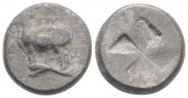 Greek
THRACE. Byzantion (Circa 357-340 BC )
AR Drachm (16.4 mm, 5.22 g.)
Cow standing left on dolphin. / Quadripartite incuse square of mill-sail form...
