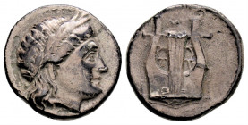 Greek 
Lesbos, Mytilene. (Circa 350-250 BC)
AR Hemidrachm (14.8mm 2.57g)
Laureate head of Apollo right /Lyre above MY
SNG Copenhagen 376-7; HGC 6, 104...
