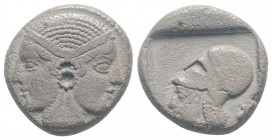 Greek
MYSIA, Lampsakos. (Circa 490/80-450 BC). 
AR Siglos (16.3mm, 4.41g). 
Janiform female heads / Helmeted head of Athena left within incuse square....