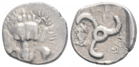 Greek
DYNASTS of LYCIA., Perikles (Circa 380-360 BC). 
AR Third Stater. (16.6mm, 2.98g)
Facing lion’s scalp / Triskeles; Bust of Apollo in upper left ...