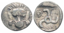 Greek
DYNASTS of LYCIA. Perikles, (circa 380-360 BC).
AR Third Stater (14.1mm 2.90g)
Facing lion's scalp. / Triskeles; to left, laureate and draped bu...