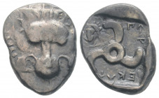 Greek
DYNASTS of LYCIA. Perikles, (Circa 380-360 BC).
AR Third Stater (16.7mm 3.07g)
Facing lion's scalp. / Triskeles; to left, laureate and draped bu...