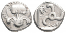 Greek
DYNASTS of LYCIA. Perikles, (Circa 380-360 BC).
AR Third Stater (15.2mm 3.20g)
Facing lion's scalp. / Triskeles; to left, laureate and draped bu...