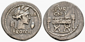 Roman Republic
L. Furius Brocchus ( 63 BC).Rome
AR Denarius (19.3mm 3,55g)
Obv:Wreathed and draped bust of Ceres to right, between corn-ear to left an...