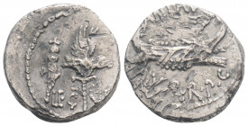 Roman Republican 
Marc Antony. (died 30 BC) 
AR Denarius (17,4mm 3.48g)
Obv: ANT•AVG / III•VIR•R•P•C• Praetorian galley moving to right.
Rev: LEG VI L...