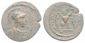 Roman Provincial
LYDİA, Apollonis, Hadrian (117-138 AD)
AE Bronze (14.5mm, 1.57g)
Obv: helmeted and draped bust of Athena, with aegis r.
ReV: ΑΠΟΛΛΩΝΙ...