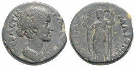 Roman Provincial
LYDIA. Maeonia. Faustina II (Augusta, 147-176 AD). 
AE Bronze (20.2mm, 6.36g)
Obv: Draped bust right.
Rev: CTP TO Γ AΠΠA MAIONΩN.Deme...