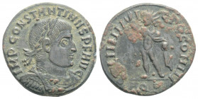 Roman imperial
Constantine I (307/310-337AD). Aquileia
AE Bronze (20.4mm 3,41g)
Obv:Laureate,draped and cuirassed bust.
Rev:Sol standing left, han...
