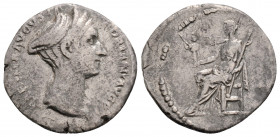 Roman Imperial
Sabina (128-136/7 AD) Rome.
AR Denarius (18mm 2.75g)
Obv: SABINA AVGVSTA HADRIANI AVG P P.Draped bust right.
Rev: Vesta seated left on ...