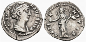 Roman Imperial
Diva Faustina I ( After141 AD) Rome
AR Denarius (18,5 mm, 3,32 g) 
Obv:DIVA FAVSTINA, draped bust to right 
Rev:AETERNITAS, Providentia...