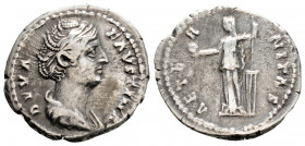 Roman Imperial
Diva Faustina I (141-161 AD) Rome 
AR Denarius (18,8mm, 3,39g).
Obv: DIVA FAVSTINA, draped bust to right 
Rev: AETERNITAS, Fortuna stan...