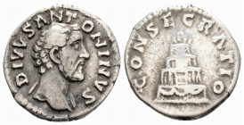 Roman Imperial
Divus Antoninus Pius, (died 161.) Rome, struck under Marcus Aurelius.
AR Denarius (17,7 mm 3,11g) 
Obv:DIVVS ANTONINVS Bare head of Div...