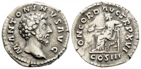 Roman Imperial
Marcus Aurelius (161-180 AD) Rome
AR denarius (18,7mm, 3.22g) 
Obv: M ANTONINVS AVG Bare head of Marcus Aurelius to right. 
Rev: CONCOR...