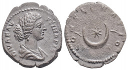 Roman Imperial 
Faustina II. (Died 175/6 AD) Rome
AR denarius (19.3mm, 3.20g). 
Obv: Draped bust of Faustina II right.
Rev: CONSECRATIO, crescent moon...