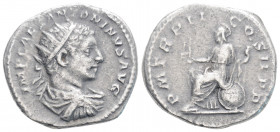 Roman Imperial
Elagabalus (218-222 AD) Rome
AR Antoninianus (21,9mm 4,93g).
Obv: IMP CAES ANTONINVS AVG. Radiate, draped, and cuirassed bust right.
Re...