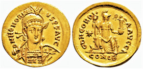 Roman Imperial
Honorius, (393-423 AD).Constantinopolis 
AV Solidus (20,5 mm, 4.36 g) 
Obv: D N HONORI-VS P F AVG Pearl-diademed, helmeted and cuirasse...