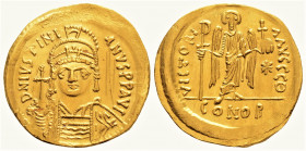 Byzantine
Justinian I ( 527-565 (AD) Constantinople,
AV solidus (20.5mm, 4.46g)
Obv: D N IVSTINI-ANVS PP AVG, cuirassed bust of Justinian I facing, we...