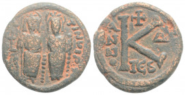 Byzantine
Justin II, with Sophia,(565-578 AD) Thessalonica
AE Half Follis(29,9mm 12,72g)
Obv: Justin, holding globus cruciger, and Sophia, holding cru...