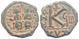 Byzantine
Justin II, with Sophia (565-578 AD).
AE Half Follis (Bronze, 21,3 mm, 6,56g) Kyzikos
Obv: D N IVSTINVS P P AVG Justin II, holding globus cru...