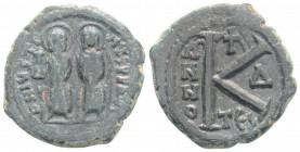 Byzantine Coins
Justin II with Sophia, (565-578 AD)Thessalonica
AE Follis (23.1mm, 6.53g)
Obv: Justin, holding globus cruciger, and Sophia, holding cr...