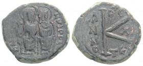 Byzantine
Justin II (565-578 AD) Thessalonica
AE Nummus (20.8mm, 5.53g)
Obv: DN I[VSTI] NVSPPAV. Justin, holding globus cruciger, and Sophia, holding ...